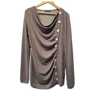 PattyBoutik MAMA Taupe Cowl Neck Asymmetrical Ruched Side Button Long Sleeve M